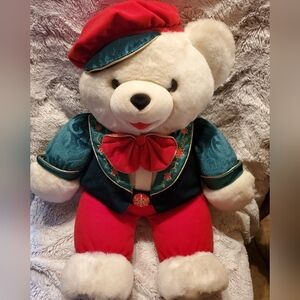 Snowflake Teddy Bear 2001 White Boy Red Green Velvet Holiday Outfit with Bow Tie